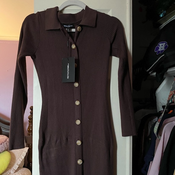 Pretty Little Thing Chocolate Ribbed Button Up Knitted Maxi Dress Small - Picture 3 of 6